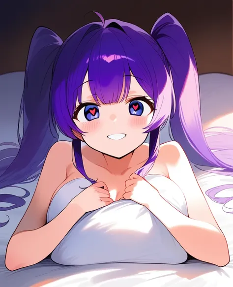 Purple Hair、Twin tails、Heart Eyes、Heart Eye、smile、Hotel、bed