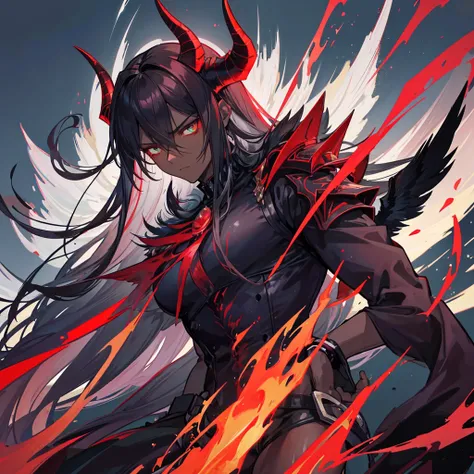 Male character, handsome, dark skin, black wings, wearing a red suit, long white hair, emerald green eyes, his appearance is that of a fire demon, his body is that of a fire demon with giant horns, a bestial body, an intimidating appearance, its appearance...