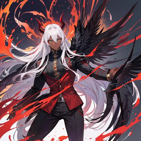 Male character, handsome, dark skin, black wings, wearing a red suit, long white hair, emerald green eyes, his appearance is that of a fire demon, his body is that of a fire demon with giant horns, a bestial body, an intimidating appearance, its appearance...