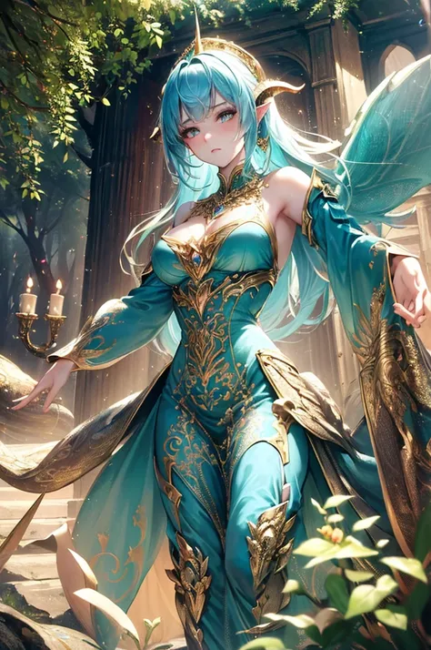 (high-quality,16k,HD,masterpiece:1.2),dragon girl,original character,fantasy dresses,perfectly shaded,extremely detailed horn,glowing effect,resplendent wings,enchanted forest background,vibrant colors,fierce gaze,majestic pose,ethereal atmosphere,dreamlik...