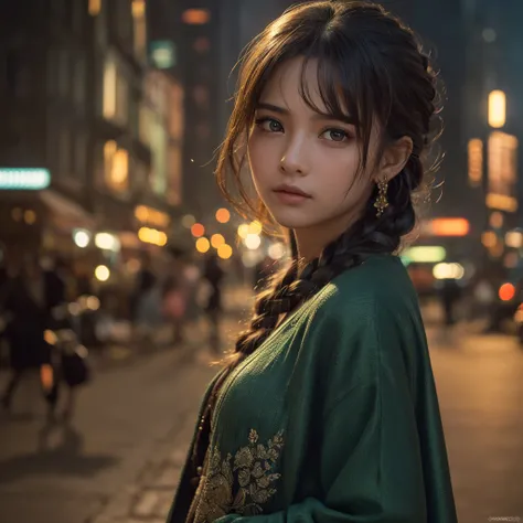 a village girl, beautiful detailed eyes, beautiful detailed lips, extremely detailed eyes and face, long eyelashes, standing quietly, surrounded by the hustle and bustle of the city, unfamiliar urban landscape in the background, cinematic lighting, vibrant...