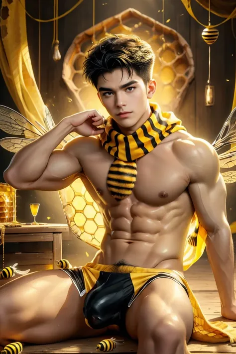 (8K, RAW photos, Highest quality) masterpiece, 1 male, 18 years old, bee man, black hair, good body, has skin like a bee, black and yellow mottled skin.    Body covered in honey.  has bee antennae on the head, has bee wings.  ,Asian muscular man, sweet smi...