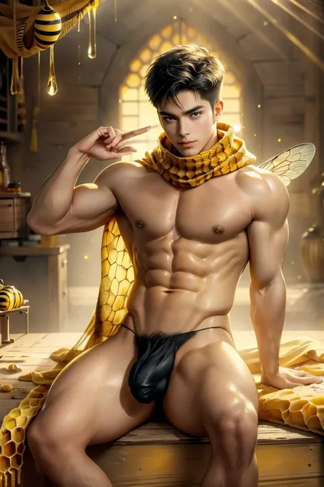 (8K, RAW photos, Highest quality) masterpiece, 1 male, 18 years old, bee man, black hair, good body, has skin like a bee, black and yellow mottled skin.    Body covered in honey.  has bee antennae on the head, has bee wings.  ,Asian muscular man, sweet smi...