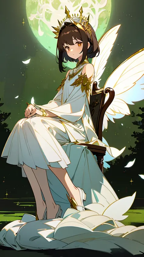 1 girl, dark brown hair, gold eyes, White skin, dressed in a white dress with lace and pleats, fairy wings, shy posture, whole body, sitting on a tree throne, green lights, Moonlight, flower crown on her head, soft smile, gentle.