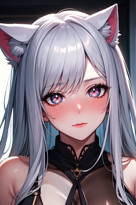 shy, embarrassed, blush, closed mouth, bright pupils, glint, red lips, nose blush, cat ears, longeyelashes, slit pupils, wide eyes, amber eyes, shiny hair, long hair, silver hair, high detail, anime, anime style, depth of field, cinematic lighting, ray tra...