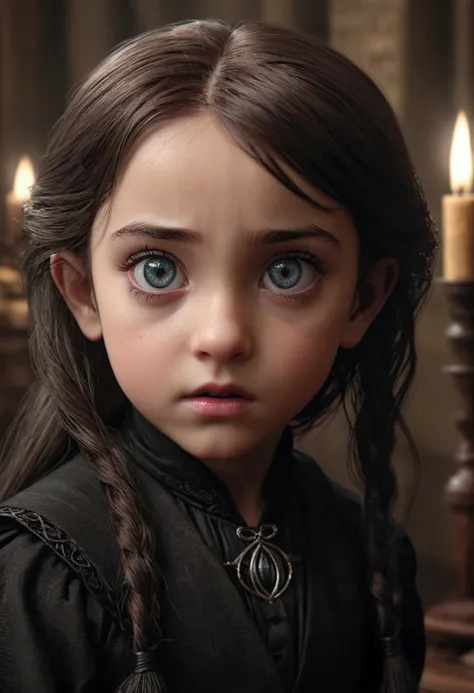 a 9 year old girl, severus snapes daughter, fighting against a acromantula, beautiful detailed eyes,beautiful detailed lips,extremely detailed eyes and face,longeyelashes, dark fantasy, dark magic, dark wizardry, dark atmosphere, moody lighting, cinematic ...