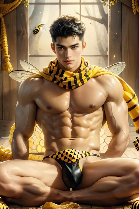 (8K, RAW photos, Highest quality) masterpiece, 1 male, 18 years old, bee man, black hair, good body, has skin like a bee, black and yellow mottled skin.    Body covered in honey.  has bee antennae on the head, has bee wings.  ,Asian muscular man, sweet smi...