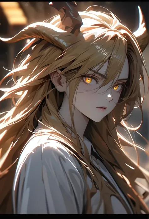 (solo), masculine, yellow hair, messy hair, mane hair, long hair, dense hair, wild hair, expressive hair, mature,(25 year old), pale skin, yellow eyes, ((man)), wearing a white dress shirt, serious, ((Yellow dragon horns)), handsome, attractive, eye reflec...