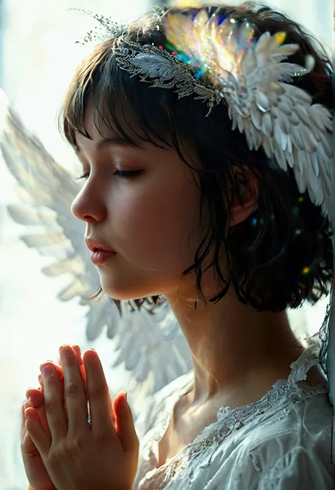 Short hair girl praying, angel wings coming out of the head, head on