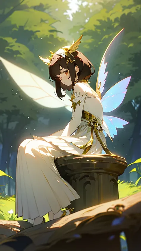 1 girl, dark brown hair, gold eyes, White skin, dressed in a white dress with lace and pleats, fairy wings, shy posture, whole body, sitting on a tree throne, green lights, Moonlight, flower crown on her head, soft smile, gentle.