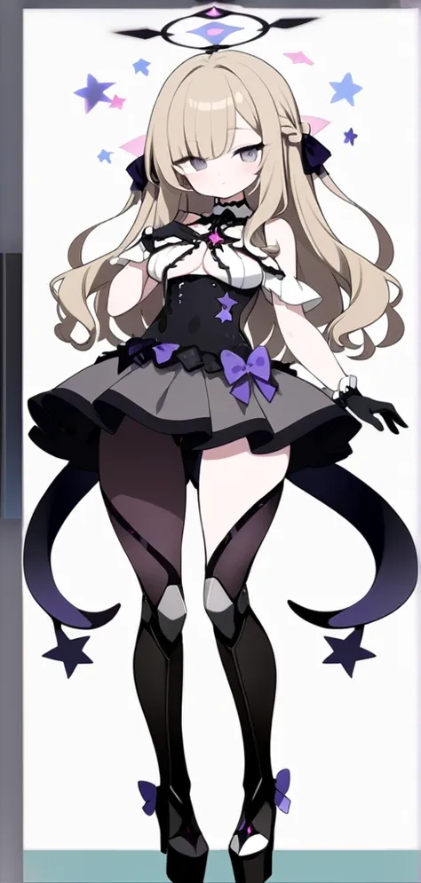 woman 170 cm tall. medium chest, wide hip, slim build, ((whole body)). (((character design sheet: front view))). (dark blonde hair, (hip-length wavy hair with asymmetrical bangs), (She has a short braid tied with an elegant purple bow on the left side of h...