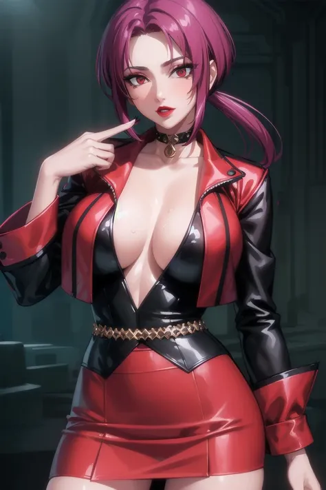 ((Highest quality)), ((masterpiece)), (Familiar), Hazy, One Woman, Mature Woman,Purple Hair, short hair, eye shadow, Low Ponytail, lipstick, Detailed face, Red eyes,Large Breasts, Black jacket, White tight skirt