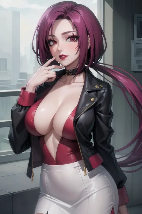 ((Highest quality)), ((masterpiece)), (Familiar), Hazy, One Woman, Mature Woman,Purple Hair, short hair, eye shadow, Low Ponytail, lipstick, Detailed face, Red eyes,Large Breasts, Black jacket, White tight skirt