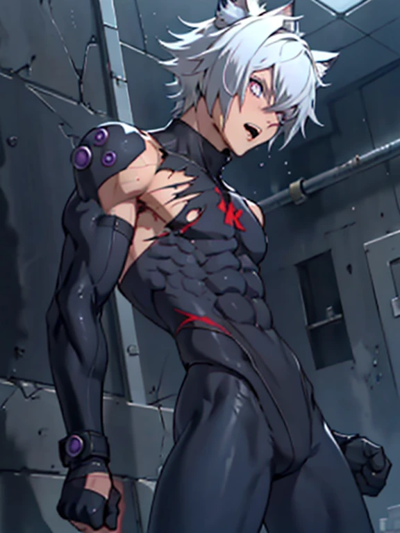 ((Fine details)), Best Shadow,Cinema Lighting,Highest quality,((Very detailed))　masterpiece　the body is slim　Embarrassing　Gray Hair　Torn tights　Electricity began　get wet　Big eyes　thin　The suit was torn　Upper body naked　sweating　Delicate body　Pitch black ti...