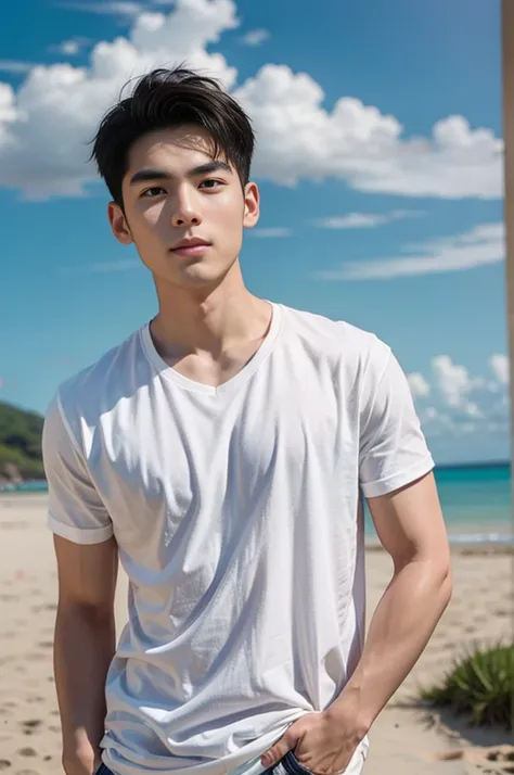 a handsome, muscular young asian man looks at the camera. in a plain white t-shirt , fieldside, grass, beach, sunlight