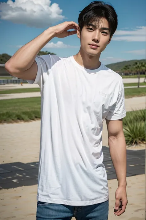 a handsome, muscular young asian man looks at the camera. in a plain white t-shirt , fieldside, grass, beach, sunlight