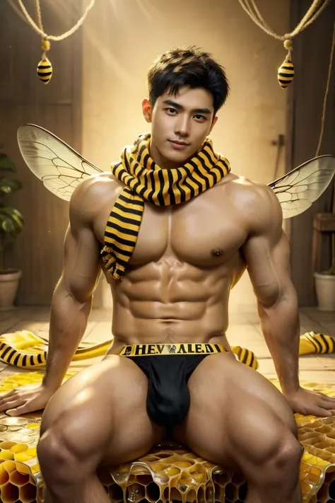 (8K, RAW photos, Highest quality) masterpiece, 1 male, 18 years old, bee man, black hair, good body, has skin like a bee, black and yellow mottled skin.    Body covered in honey.  has bee antennae on the head, has bee wings.  ,Asian muscular man, sweet smi...