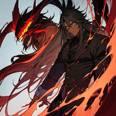 Male character, handsome, dark skin, black wings, wearing a red suit, long white hair, emerald green eyes, his appearance is that of a fire demon, his body is that of a fire demon with giant horns, a bestial body, an intimidating appearance, blue backgroun...