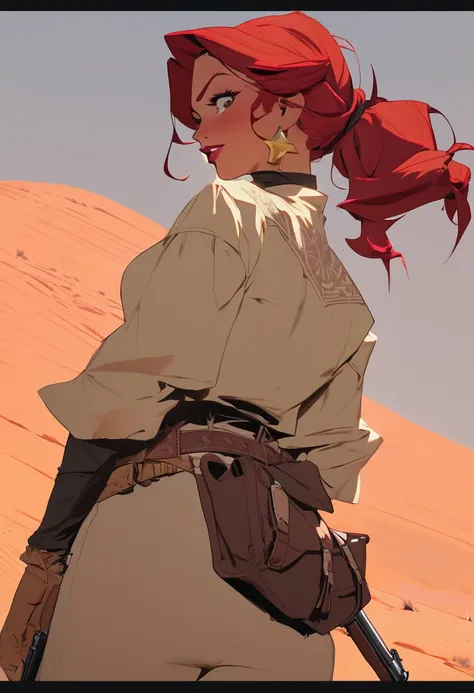 score_9, score_8_up, score_7_up, score_6_up, score_5_up, score_4_up, 1man, Western, Desert, Dark night, Horizon, far away, Wild West, red dead Redemption, cartoon art style, Red hair with two strands popping out at the front, Ponytail, Big, Mustache