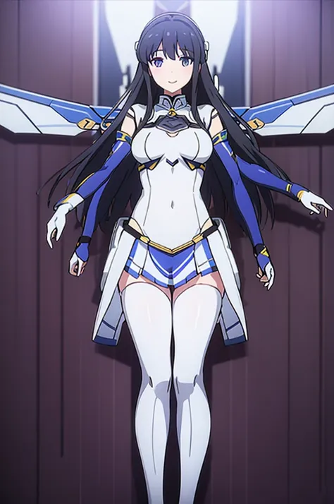 mecha wings、white and blue skirt、accentuated thighs、white tights、chest、beautiful black hair、1 girl、solo girl、thick thighs、is、fra...