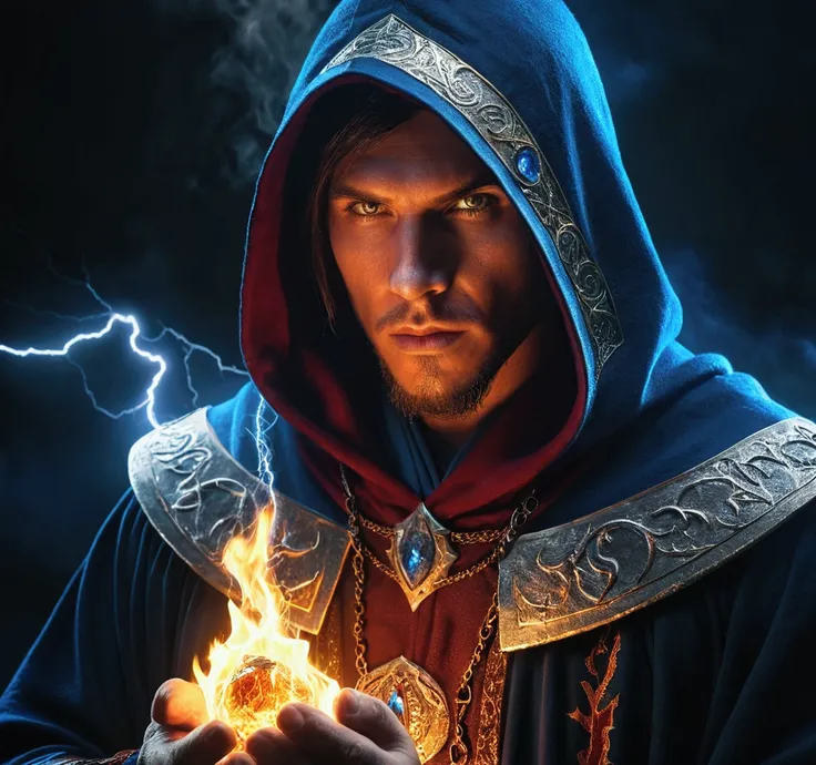 A mage man with a hood with a grimoire of fire, ice and lightning, dramatic portrait, highly detailed face, piercing eyes, powerful expression, intricate robes, epic fantasy scene, moody lighting, cinematic, dramatic colors, digital art, concept art, 8k, p...