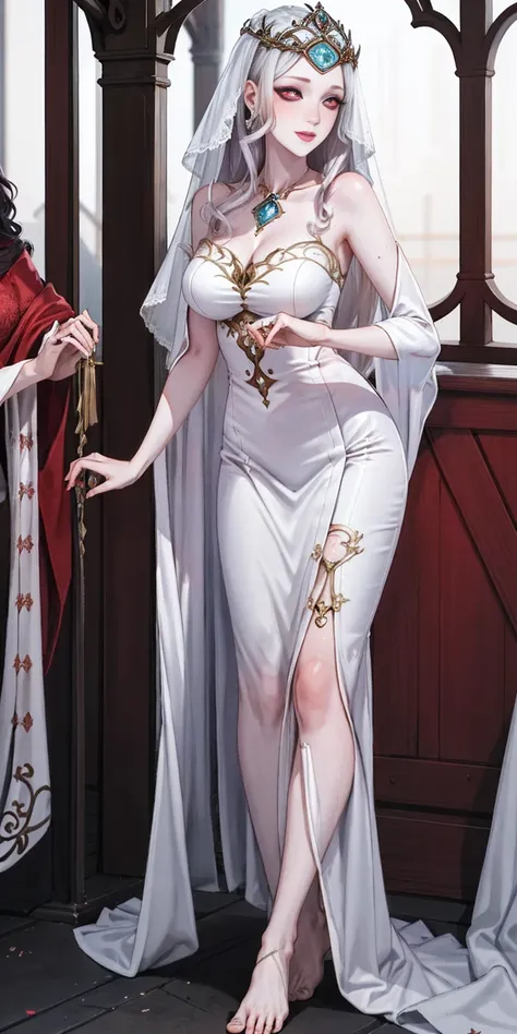 Body position: Standing, straight, symmetrical, barefoot, Lustful smile on face with red blush, 2 girls like Cassia Orsellio white pale skin with red eyes who gets married and stands in front of many people, nsfw, kissing