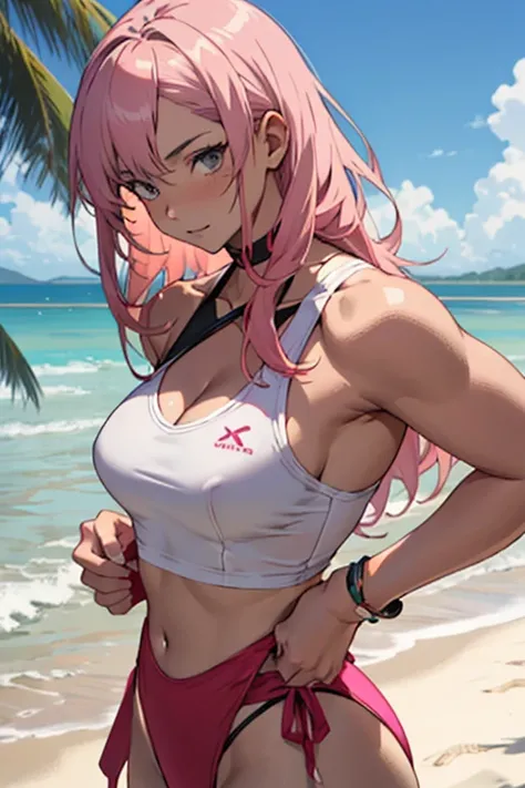 creates a 22-year-old anime girl in a pink swimsuit with her hands on her big-breasted waist in a landscape of a famous beach