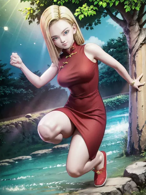 android 18,blonde hair,(((long hair))),blue eyes,(long slit red sexy cheongsam), (Red),looking at the audience,face smile,close-up,river,rock,tree,blue sky,high quality,masterpiece,sexy body, sexy Red Dress, red,perfect big breasts, Hyperrealistic intricat...