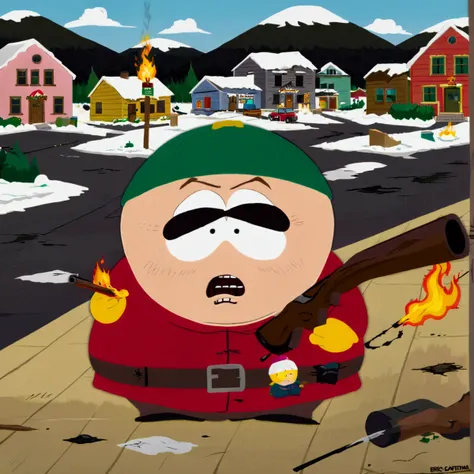 biggest eric cartman, circle eye, shotgun on mouth, holding shotgun, evil rage, burn town