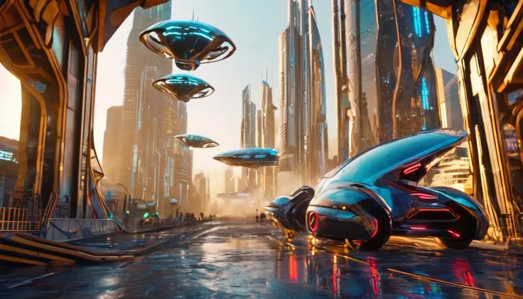 scene out of 2060, futuristic city landscape, flying cars, great detail cgi render, 8k