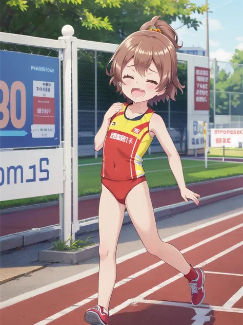 1girl,outdoor,marathon,running,close ~ eyes,orgasm,dripping saliva,in heat,track and field uniforms,brown hair, short hair, pony...