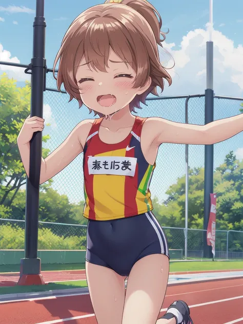 1girl,outdoor,marathon,running,close ~ eyes,orgasm,dripping saliva,in heat,track and field uniforms,brown hair, short hair, pony...