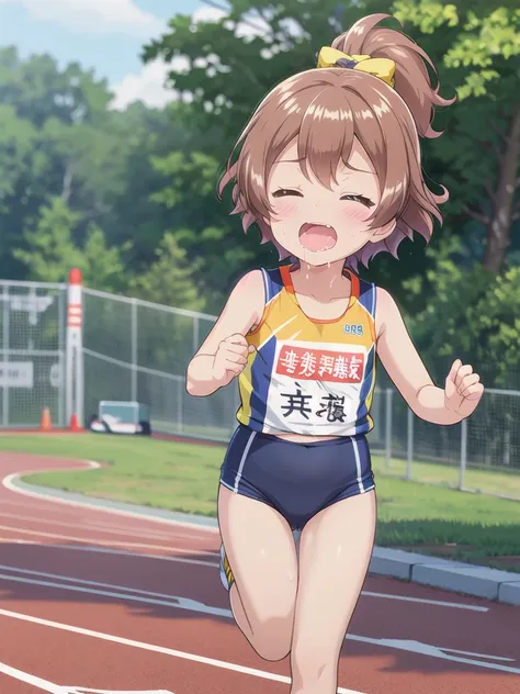 1girl,outdoor,marathon,running,close ~ eyes,orgasm,dripping saliva,in heat,track and field uniforms,brown hair, short hair, pony...