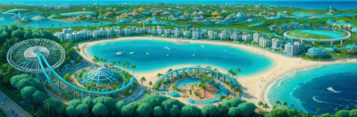 island theme park, (park area and residential area and nature), enjoying the view, happy ,ferris wheel, roller coaster, palm tre...