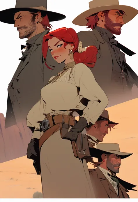 score_9, score_8_up, score_7_up, score_6_up, score_5_up, score_4_up, 1man, Western, Desert, Dark night, Horizon, far away, Wild West, red dead Redemption, cartoon art style, Red hair with two strands popping out at the front, Hair bun, Thick mustache, solo...