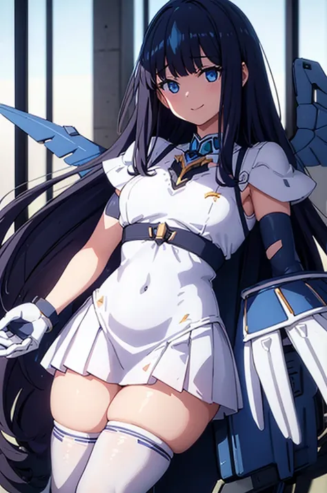 Mecha Wings、White and blue skirt、Accentuated thighs、White tights、chest、Beautiful black hair、1 girl、solo girl、Thick thighs、is、Frame Arms Girl、Alice Gere Aegis、White Armor、Blue and purple lines、income、headphone、hand on own chest、smile