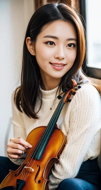 (a gorgeous korean lady, age 28, holding a violin, wearing a semi-high_neck_ruffle_front_detail pink blouse, in her cosy room. s...