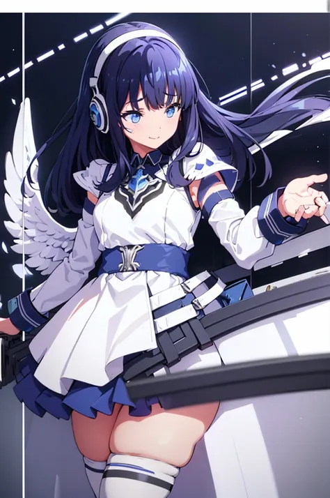 mecha wings、white and blue skirt、accentuated thighs、white tights、chest、beautiful black hair、1 girl、solo girl、thick thighs、is、fra...