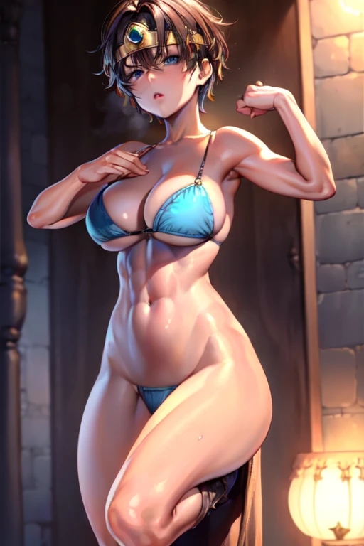 (masterpiece, Highest quality:1.1), (Weapons sheathed on the back:1.2), internal (dq3), One girl, alone, short hair, Brown Hair, blue eyes, Circlet, Large Breasts, Cleavage, Gold Bikini, Blue clothes, Simple Background、Big breasts that are about to burst、T...