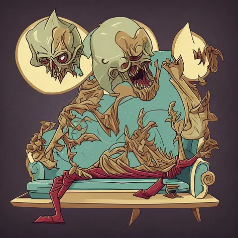 Create a cartoon style image of a funny looking skinny zombie sitting on a couch in the middle of an apocalyptic landscape. The whole image should be rounded on a black background