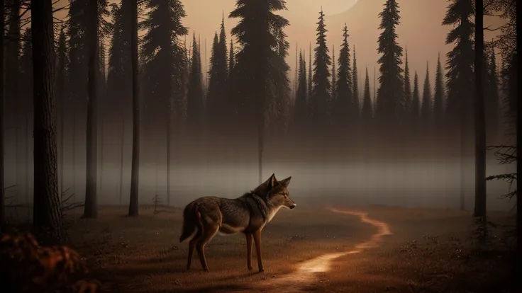 a wolf and deer standing on opposite sides, large red moon, dark cloudy night sky, atmospheric dramatic lighting, detailed fur textures, glowing eyes, wilderness forest background, cinematic composition, photorealistic, (best quality,8k,highres,masterpiece...