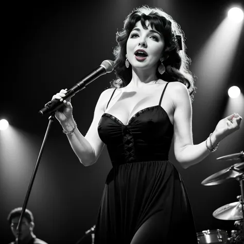 black and white photos. kate bush, on stage, long dress, pins-ups,vintage dress, 22 years old, perfect body, 40's, perspective, ...