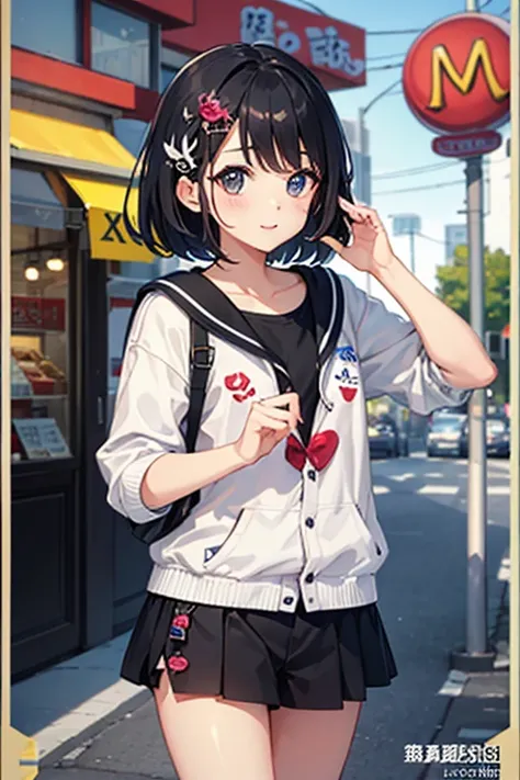 Highest quality、front、Black Hair、Iris、short hair、girl、cute、16 years old、、Small hair ornament、1 person、McDonald&#39;cDonald&#39;sクルー、Customer Service、