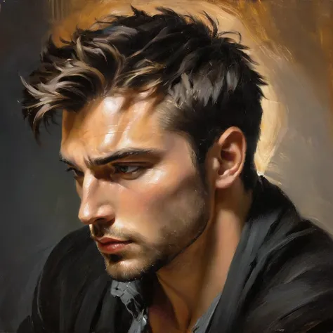 Hot guy, sharp features, profile, 3/4 view, intense lighting, handsome, oil painting, facing viewer, (oil painting)