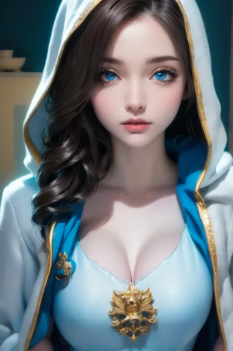 A full-body shot of Princess Zelda, brown hair, blue eyes, dressed as an Assassin from Assassins Creed, in white+gold witha white mask and hood with gold details, XL bust, using a wrist blade. Background: A city during the renaissance period. Unreal Engine...