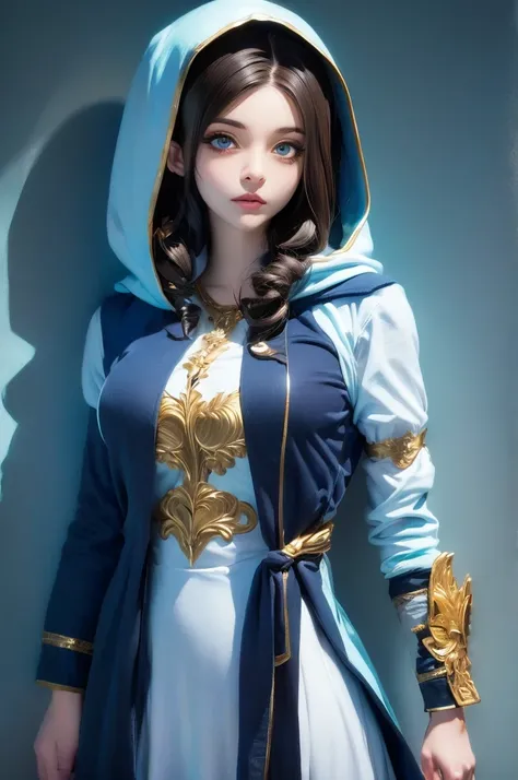 A full-body shot of Princess Zelda, brown hair, blue eyes, dressed as an Assassin from Assassins Creed, in white+gold witha white mask and hood with gold details, XL bust, using a wrist blade. Background: A city during the renaissance period. Unreal Engine...