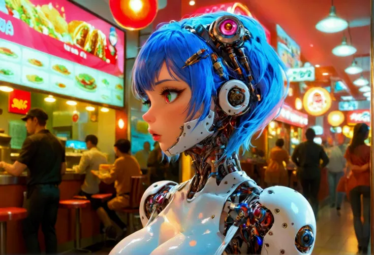 a cute android giga busty neon backlit eyes clearly mechanical joints apron and cap nude fast food worker at puny humans fully automated fast food restaurant crowded chubby patrons, best quality,4k,8k,highres,masterpiece:1.2,ultra-detailed,realistic,photor...