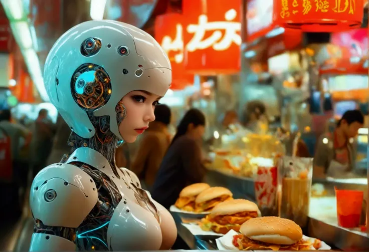 A cute android (giga busty, neon backlit eyes, clearly mechanical joints, apron and cap, nude) is a fast food worker at Puny Humans, a fully automated fast food restaurant. Crowded with chubby Asians
