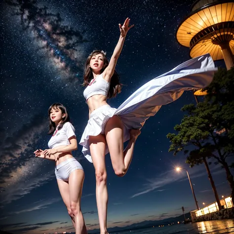 ManoErina, Masterpiece of ProfessionalPhoto ((ExtremelyDetailed (12 PICHIPICHI KAWAII Girls Floating in The Air in a row:1.37) in WHITE at Dusk Enoshima Beach)), {(Standing Full Body:1.2)|(from below:1.2)}, Different types of hair colors, {(skinny(SchoolSw...