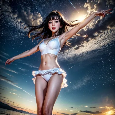 ManoErina, Masterpiece of ProfessionalPhoto ((ExtremelyDetailed (12 PICHIPICHI KAWAII Girls Floating in The Air in a row:1.37) in WHITE at Dusk Enoshima Beach)), {(Standing Full Body:1.2)|(from below:1.2)}, Different types of hair colors, {(skinny(SchoolSw...